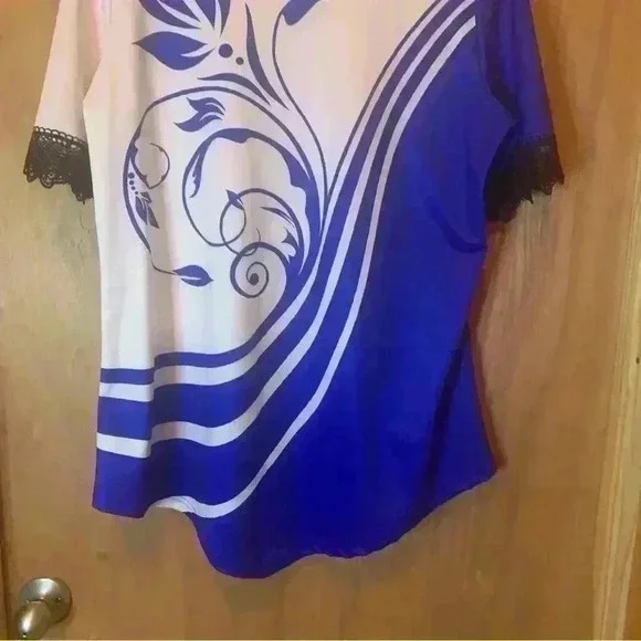 rosegal plus size tops 1X Blue With Lace Short Sleeve Crew Neck - Picture 10 of 13